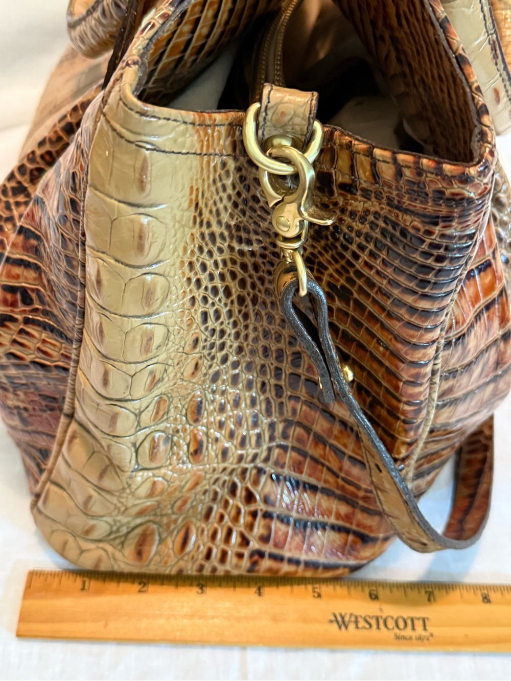 Brahmin Croc-Embossed Shoulder Bag in Tan with Gold Hardware - Picture 7 of 15